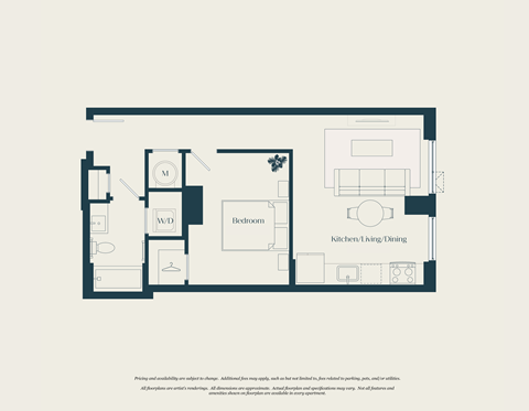 Floor plan for 1 bed, 1 bath, 604 sqft